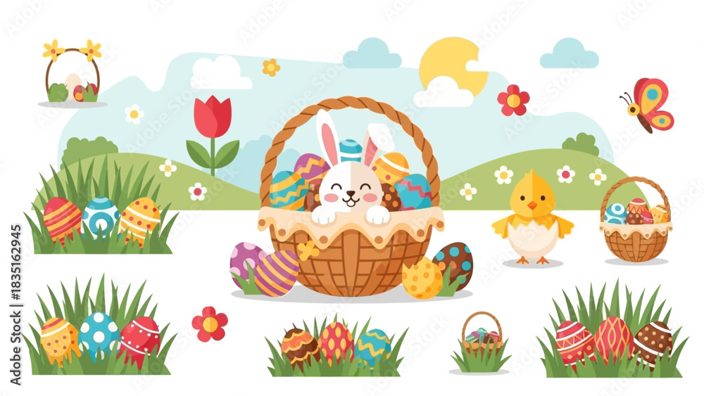 Obraz premium Festive Easter Elements Eggs, Baskets, and Adorable Bunny in a Colorful Spring Scene