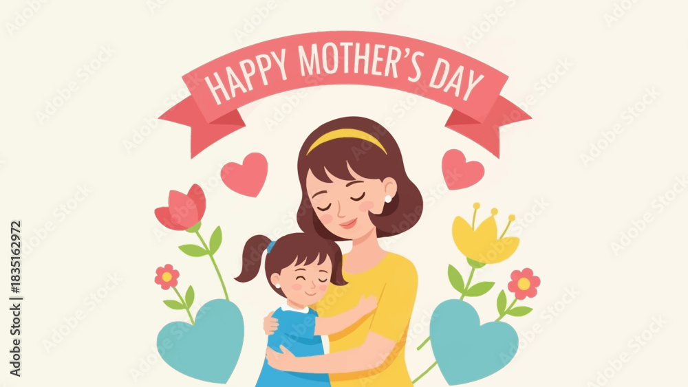 Obraz premium Happy Mother's Day celebration illustration of a caring mother and daughter