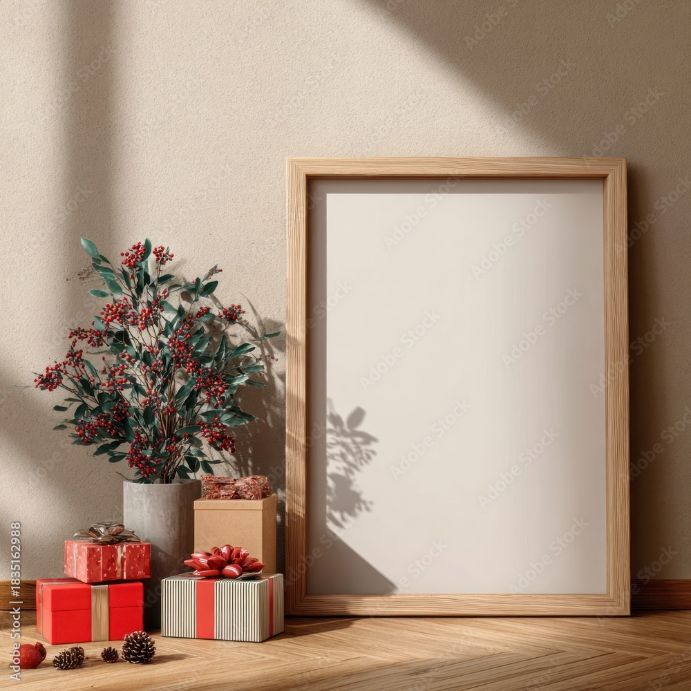Fototapeta premium Festive decor with blank frame.