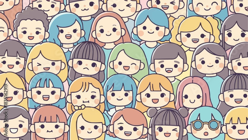 Diverse group of happy cartoon people with various expressions and hairstyles.