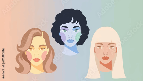 Three diverse womens faces with distinct hairstyles and expressions.