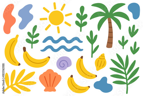 Tropical collection with bananas, palms and leaves. Bright shapes evoke playful warm mood