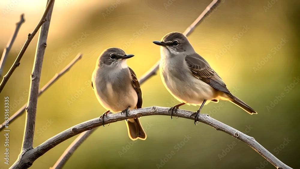 Fototapeta premium Enchanting Morning Light Captures Two Verditer Flycatchers Perched Gracefully on a Twig, Embracing the Serene Beauty of Wildlife in a Natural Setting with an Artistic and Peaceful Atmosphere 184
