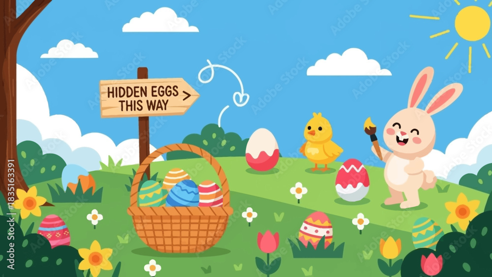 Fototapeta premium Happy Easter illustration with a cute bunny, a chick, a basket of decorated eggs, and a sign pointing to hidden eggs, set against a sunny meadow backdrop
