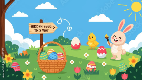 Happy Easter illustration with a cute bunny, a chick, a basket of decorated eggs, and a sign pointing to hidden eggs, set against a sunny meadow backdrop