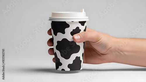 Hand holding a coffee cup with cow pattern on a white background