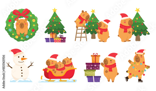 Cute Christmas capybara illustration set featuring festive activities such as decorating trees, sledding, skating, building snowmen, arranging gifts, and holiday wreath designs
