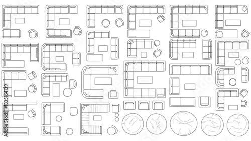 Architectural Top View Furniture Symbols: Large Living Room Seating Plan Set with Sectional Sofas and Chairs