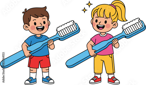 Cartoon kids brushing teeth with giant toothbrushes promoting dental hygiene, oral care, healthy habits, and smiling faces in colorful style