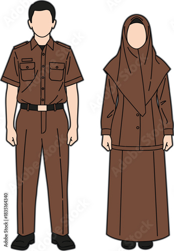 Standardized flat vector illustration of Indonesian government civil servants (PNS) in brown uniform, ready to perform public service and administrative duties