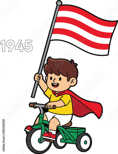 Cheerful child celebrating Indonesia's Independence Day by riding a tricycle and proudly waving the red and white national flag from 1945.