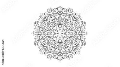 Intricate floral mandala with lotus blossoms and geometric patterns for coloring books and design