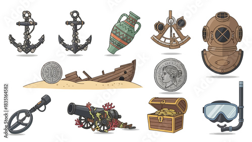 Underwater archeology treasures concept, illustration of nautical objects and artifacts