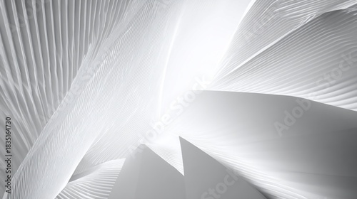 Abstract white sculpture spirals upwards, architectural shapes. Background is bright, potential for design