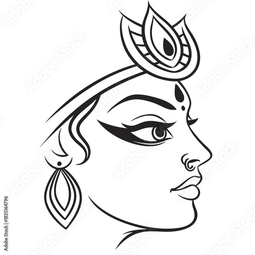 A minimalist black-and-white line art illustration of Lord Krishna's face in profile view, featuring his iconic peacock feather crown, flute near the lips, expressive eye, nose ring.