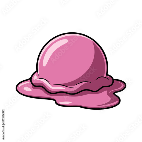 Cartoon Pink Ice Cream Scoop Melting on a White Background.