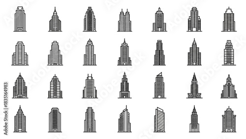 Collection of minimalist line art illustrations showcasing various architectural building