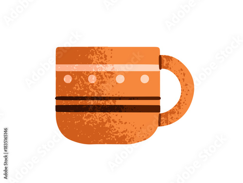 Ornamented ceramic cup of tea or coffee. Patterned pottery mug of hot drink. Stylish teacup of herbal beverages and matcha for breakfast. Flat isolated vector illustration on white background
