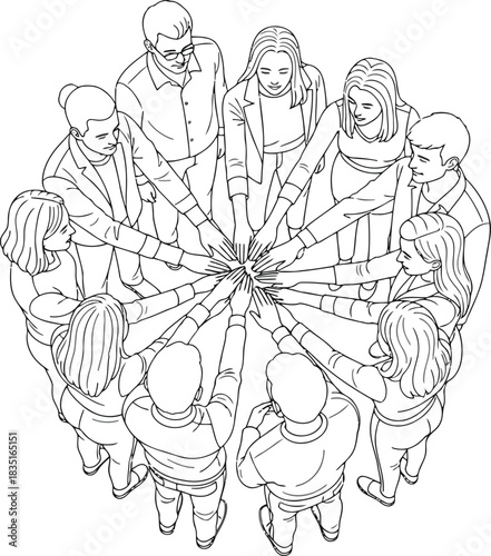 Diverse group of people joining hands in a circle, unity concept