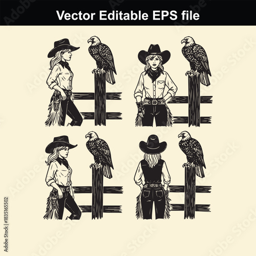 vector editable eps file featuring four black and white illustrations of cowgirls standing next to eagles perched on fence posts, perfect for western theme designs
