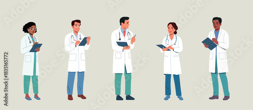 Set of illustrations showing doctors write an anamnesis in the medical record. Vector flat style cartoon illustration