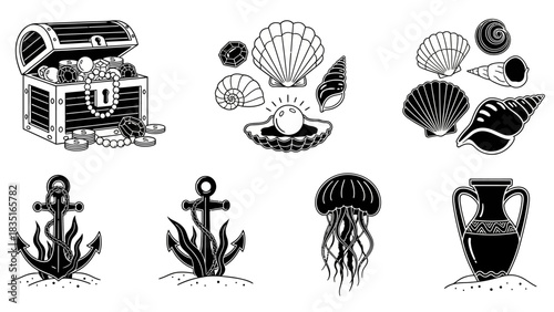 Collection of Undersea Elements, Including Treasure Chests and Anchors Line Art