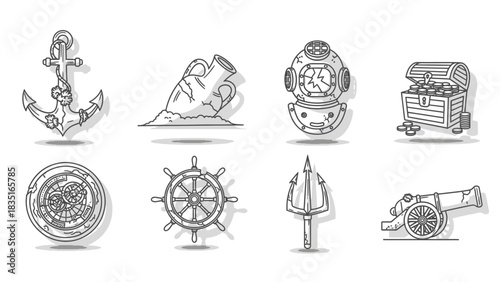 Vintage nautical icons vector set featuring anchor, amphora, diving helmet, treasure chest, wheel,