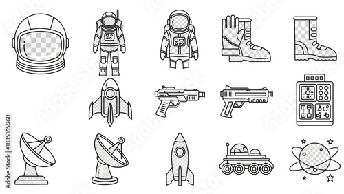 Line Art Space Exploration and Astronaut Equipment Icons Set, perfect for posters and designs
