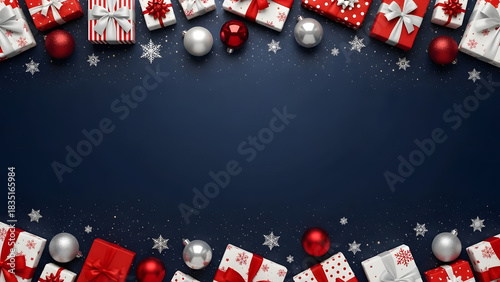 Top down view of red and white christmas gift boxes border on blue