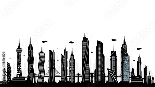 Futuristic Metropolis Silhouette: A Black and White Vision of Urban Innovation and High Tech