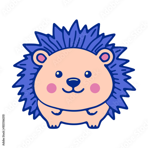 Illustration of a cute cartoon hedgehog with blue spines and pink cheeks on a white background design