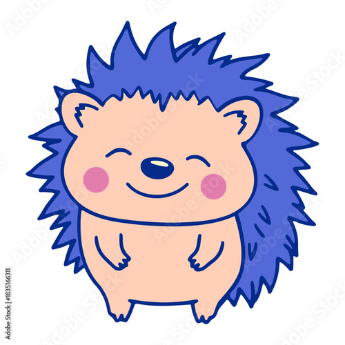Illustration of a cheerful blue hedgehog with pink cheeks and closed eyes smiling happily on white