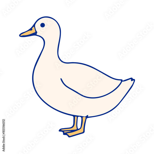 Illustration of a single white duck with a yellow beak and blue outline on a white background