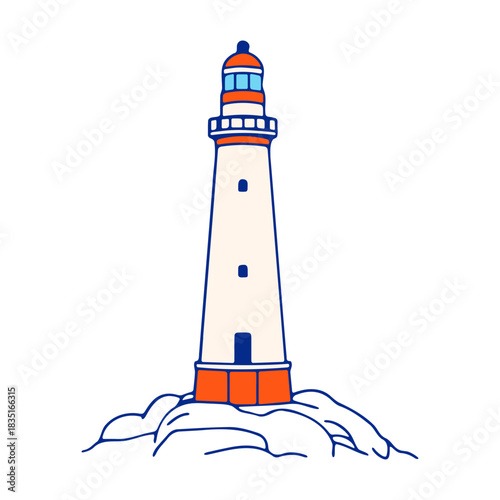 Illustration of a tall lighthouse with red and blue accents standing on a rocky outcrop near the sea