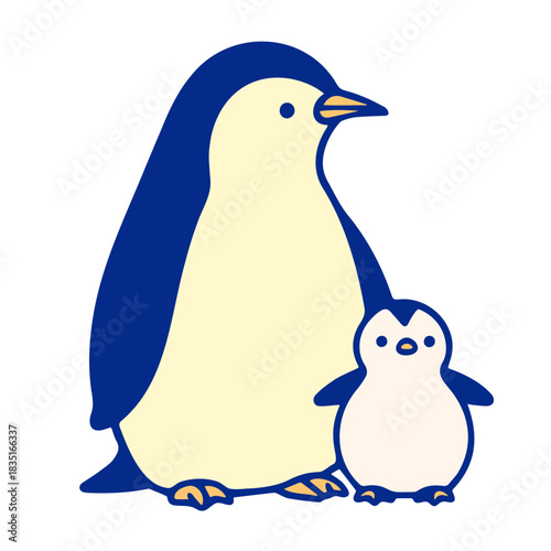 Illustration of a parent penguin standing next to a smaller baby penguin on a white background scene