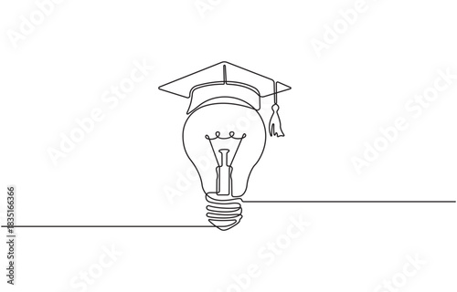 Continuous one line drawing of Light bulb and graduation cap, Creative smart idea symbol, Single line art concept Vector illustration, isolated on transparent background.