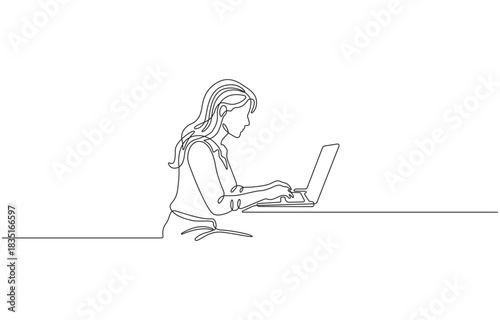 Single line drawing Women, holding and typing laptop in his hand, Portrait of a working women at a computer laptop, isolated on transparent background.