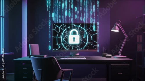 Digital security breach concept glowing padlock on cracked computer screen with falling binary code in neon lit office