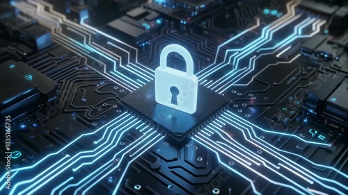 Digital security padlock glowing on futuristic circuit board with neon data streams and microchip technology concept