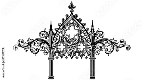 Intricate gothic arch with floral ornamentation in black and white detailed design