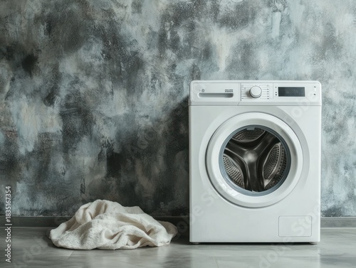 Modern washing machine against a textured wall