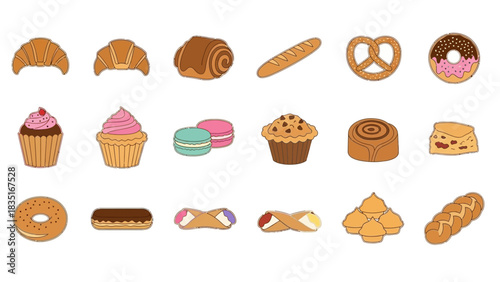 Set of vector illustrations of various pastries for bakery or confectionery products representing
