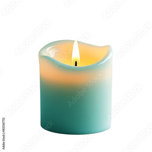 Glowing teal led candle with flickering flame on black background