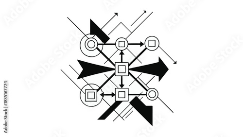 Abstract network diagram with interconnected nodes and directional arrows symbolizing data flow and connection