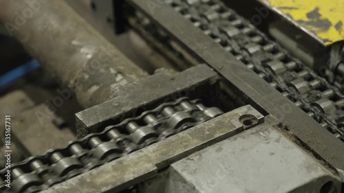 An automated conveyor chain transports refrigerator components through a modern factory assembly line.