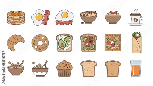 Breakfast food icons collection flat design style with outline vector illustration
