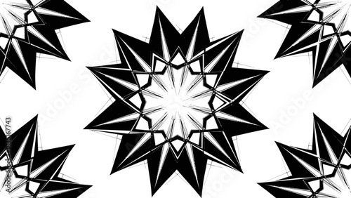 Abstract black and white fractal kaleidoscopic pattern evoking dynamic energy
