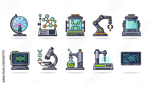 Collection of cartoon illustrations of science and technology equipment for design