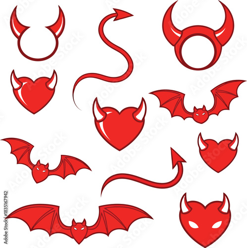 Red devil heart symbols, bats, horns and tail isolated icons set