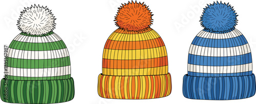 Colorful Knitted Winter Hats with Pom-Poms in Striped Patterns – Seasonal Fashion Accessories for Cold Weather and Holiday Design Themes